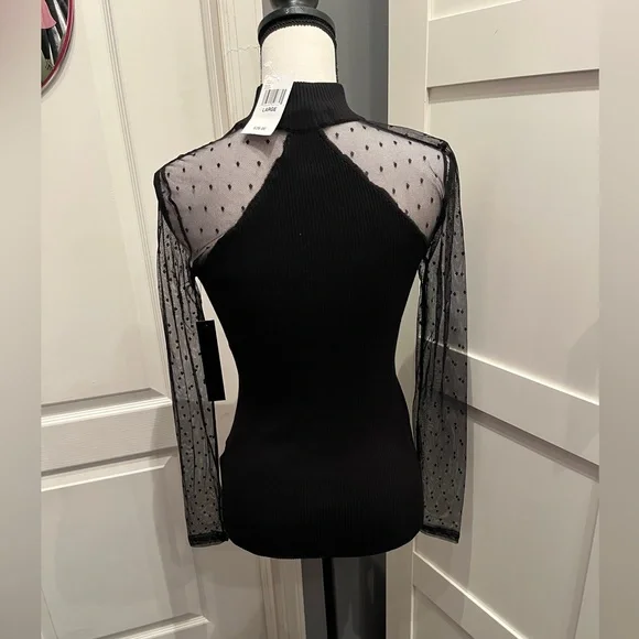 Mock Neck Polka Dot Mesh Long-Sleeve Top - Picture 3 of 4